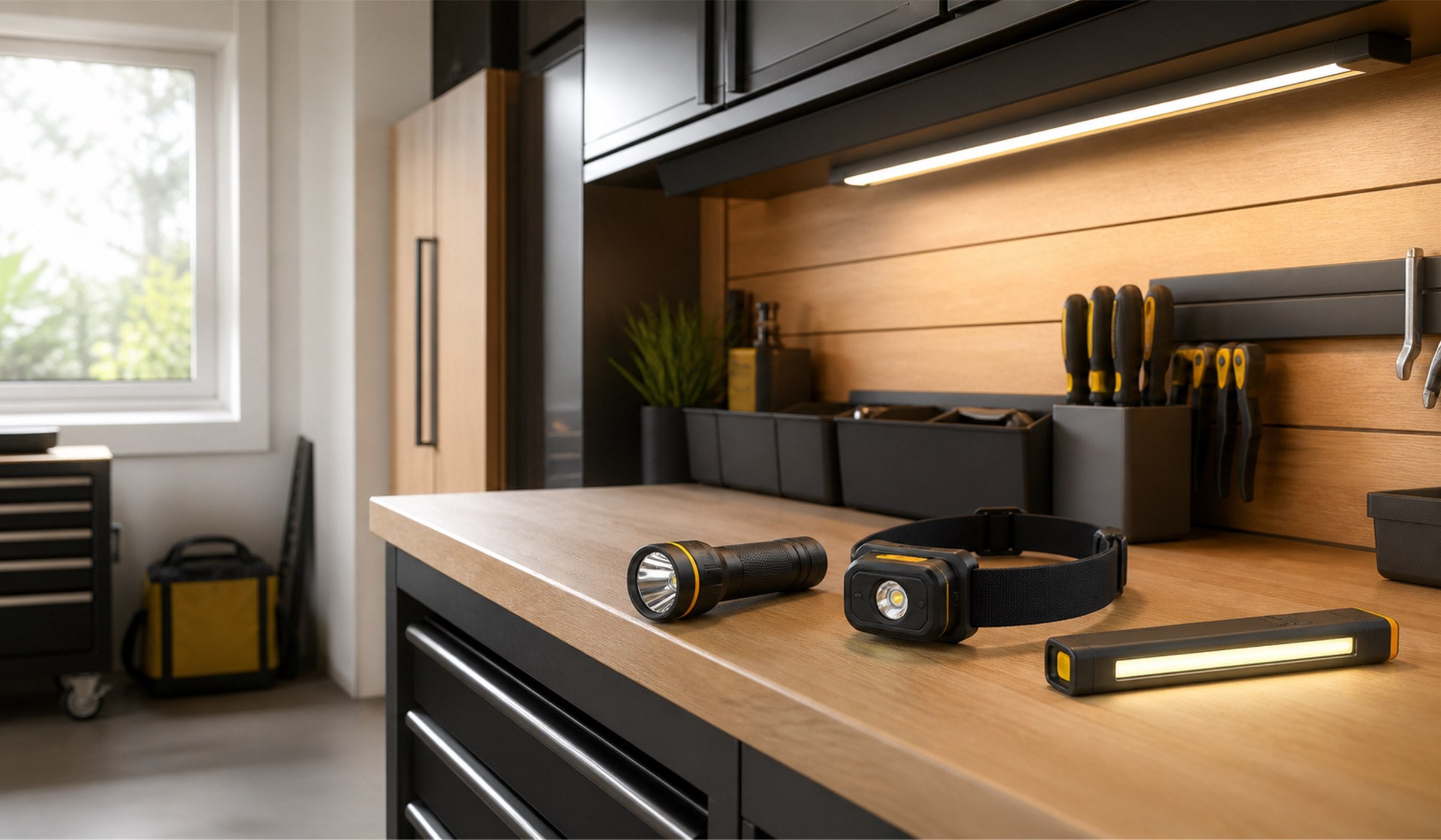 TACTOOL flashlight, headlamp and task lighting in an organized modern workspace